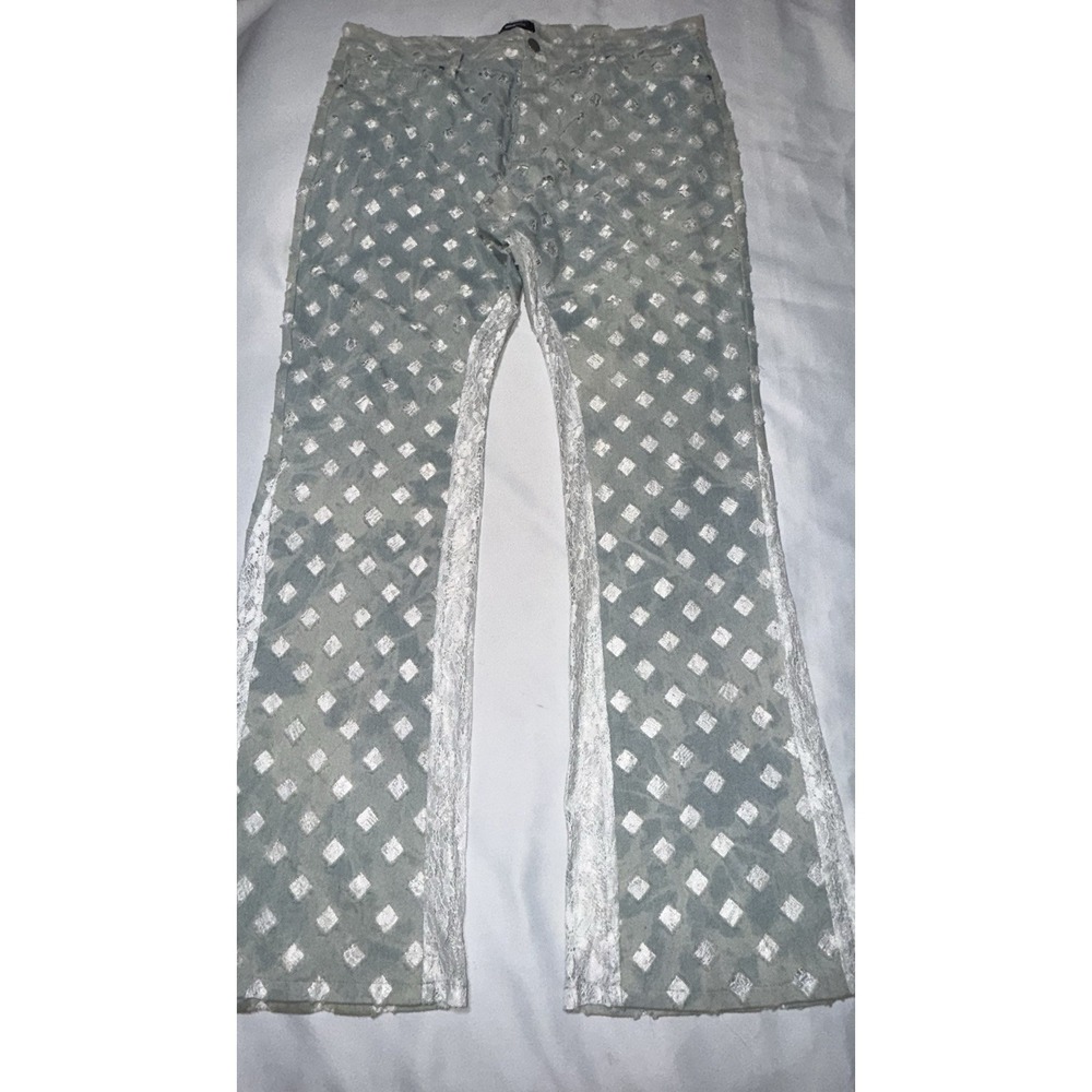 FASHION NOVA MEN Light Blue Denim Lace Distressed Pant Set Sz 38 Streetwear - Picture 2 of 9